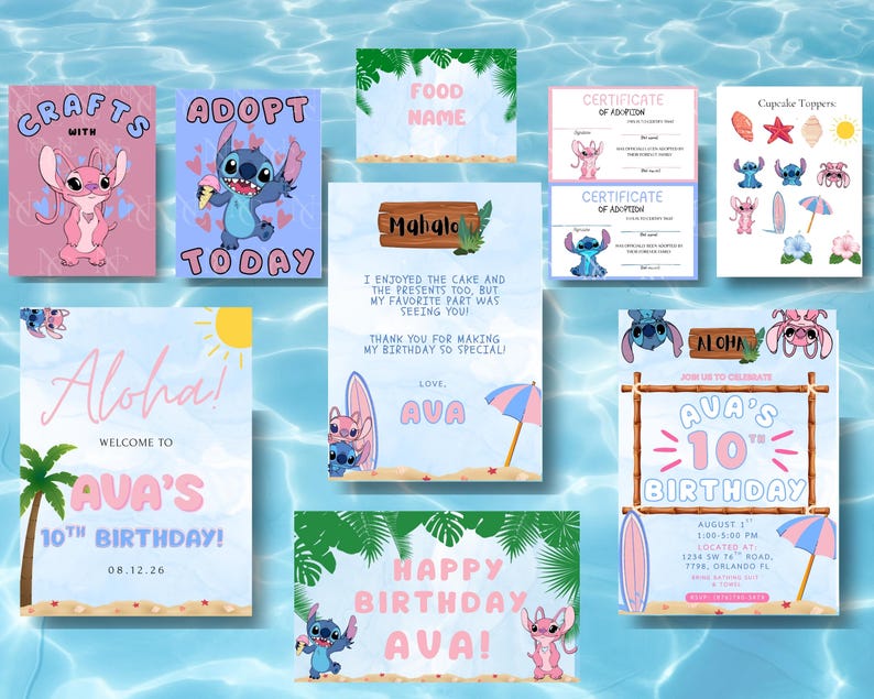 May include: A collection of printable party stationery featuring Stitch and Angel characters with tropical beach themes. Items include birthday invitations, adoption certificates, cupcake toppers, and signage with text like Aloha, Ava's 10th Birthday, and Crafts with Stitch.