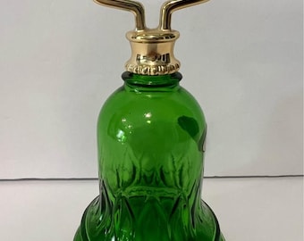 Bouteille en forme de cloche en verre vert émeraude vintage des années 70 avec bouchon à vis en plastique doré Avon