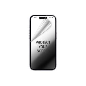 Könnte beinhalten: Ein Smartphone mit einer transparenten Displayschutzfolie, die oben teilweise abgezogen ist. Auf dem Bildschirm steht der Text PROTECT YOUR SCREEN in schwarzen Buchstaben. Das Gerät hat einen schwarzen Rahmen, eine Notch und Status-Symbole.
