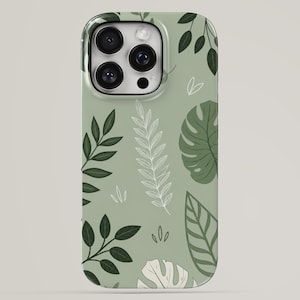 May include: A sage green smartphone case featuring a repeating pattern of various botanical leaves in shades of dark forest green, light green, and white line art. The design includes monstera leaves, ferns, and small sprigs across the surface.