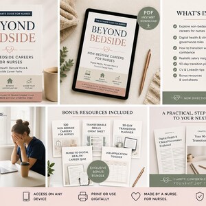 May include: A digital guide titled "Beyond Bedside" for nurses, offering career advice. The image shows the book, a tablet, and bonus resources. The guide covers digital health, remote work, and flexible career paths. The color scheme is white, pink, and green.