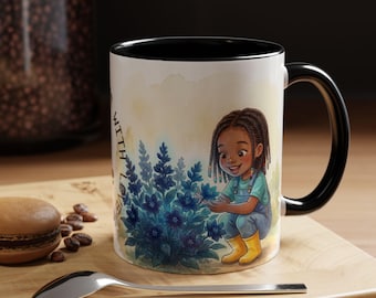 Homeschool Teacher Mug, The Little Gardener Mug, Watercolor Child and Blue Flowers, Gardening Gift For Mom, Accent Coffee Mug 11 oz