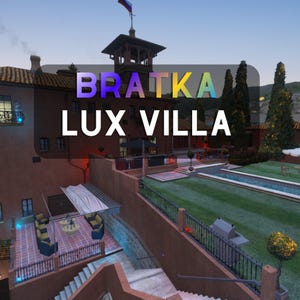 May include: Exterior view of a luxury villa with the text "BRATKA LUX VILLA" in a gradient color scheme. The villa features a red-brown facade, a tower with a flag, and a landscaped yard with a pool and outdoor seating.