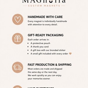 May include: An informational graphic for MAGnolia Custom Magnets featuring a panda logo with a flower. It lists service details including handmade production, gift-ready packaging with pouches and boxes, fast shipping, and customer support contact.