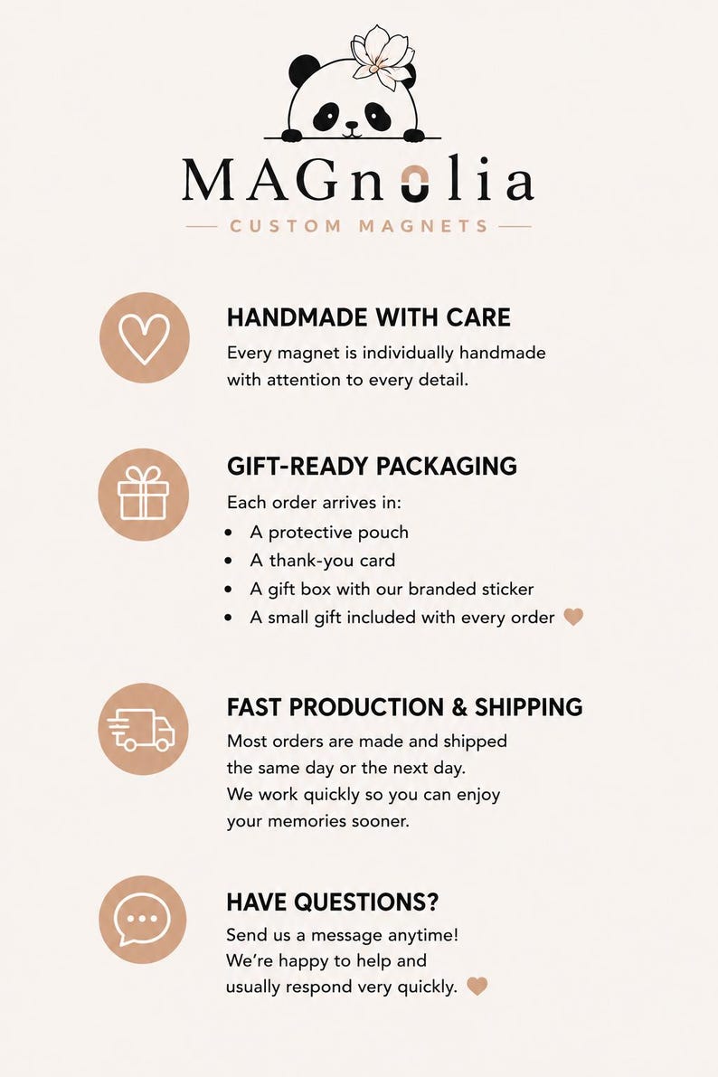 May include: An informational graphic for MAGnolia Custom Magnets featuring a panda logo with a flower. It lists service details including handmade production, gift-ready packaging with pouches and boxes, fast shipping, and customer support contact.