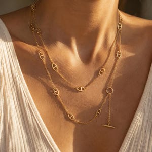 Lange marine mesh ketting voor vrouwen, gouden ovale schakelketting, minimalistische gelaagdheid ketting, roestvrijstalen sieraden cadeau
