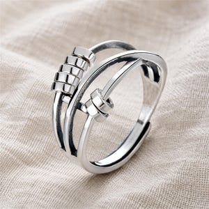 Silver Fidget Ring, Rolling Bead Spinner Ring, Modern Double Band Jewelry, Minimalist Gift for Her
