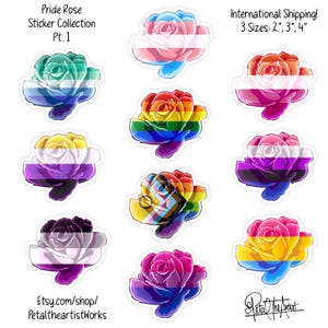 May include: A collection of ten rose-shaped stickers featuring various pride flag color patterns. The text reads Pride Rose Sticker Collection Pt. 1, 3 Sizes: 2", 3", 4", and Etsy.com/shop/PetaltheartistWorks. Each rose displays distinct horizontal color stripes.
