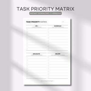 May include: A white task priority matrix planner page with black text. The header reads TASK PRIORITY MATRIX. It is divided into four sections: DO, SCHEDULE, DELEGATE, and DELETE, each with horizontal lines and circular checkboxes for task listing.