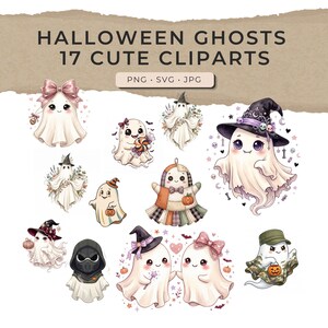 Peut inclure: Une collection numérique de 17 illustrations de fantômes d'Halloween avec divers personnages, dont des fantômes avec des nœuds, des chapeaux de sorcière, des fleurs, des citrouilles et un personnage masqué, avec le texte HALLOWEEN GHOSTS 17 CUTE CLIPARTS PNG SVG JPG.