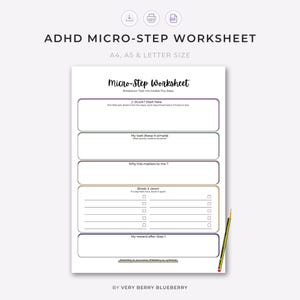 May include: A white ADHD Micro-Step Worksheet with black text and outlines. The document includes sections for task breakdown, motivation, and rewards, with checkboxes for tracking progress. A yellow pencil is positioned on the right side.