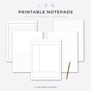 May include: A collection of printable notepads in A4, A5, and letter sizes, featuring ten versions with lined, grid, and dot grid layouts. The white pages include a central template with rectangular sections and a yellow pencil rests on one sheet.