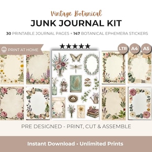 Vintage Botanical Junk Journal Kit, 30 Printable Journal Pages + 150 Ephemera Stickers, Scrapbook Paper PDF PNG, Collage Instant Download