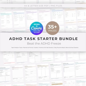 ADHD Task Starter Kit, Brain Dump & Daily Planner Bundle, Task Initiation Printable for Adults, Canva Editable Instant Download
