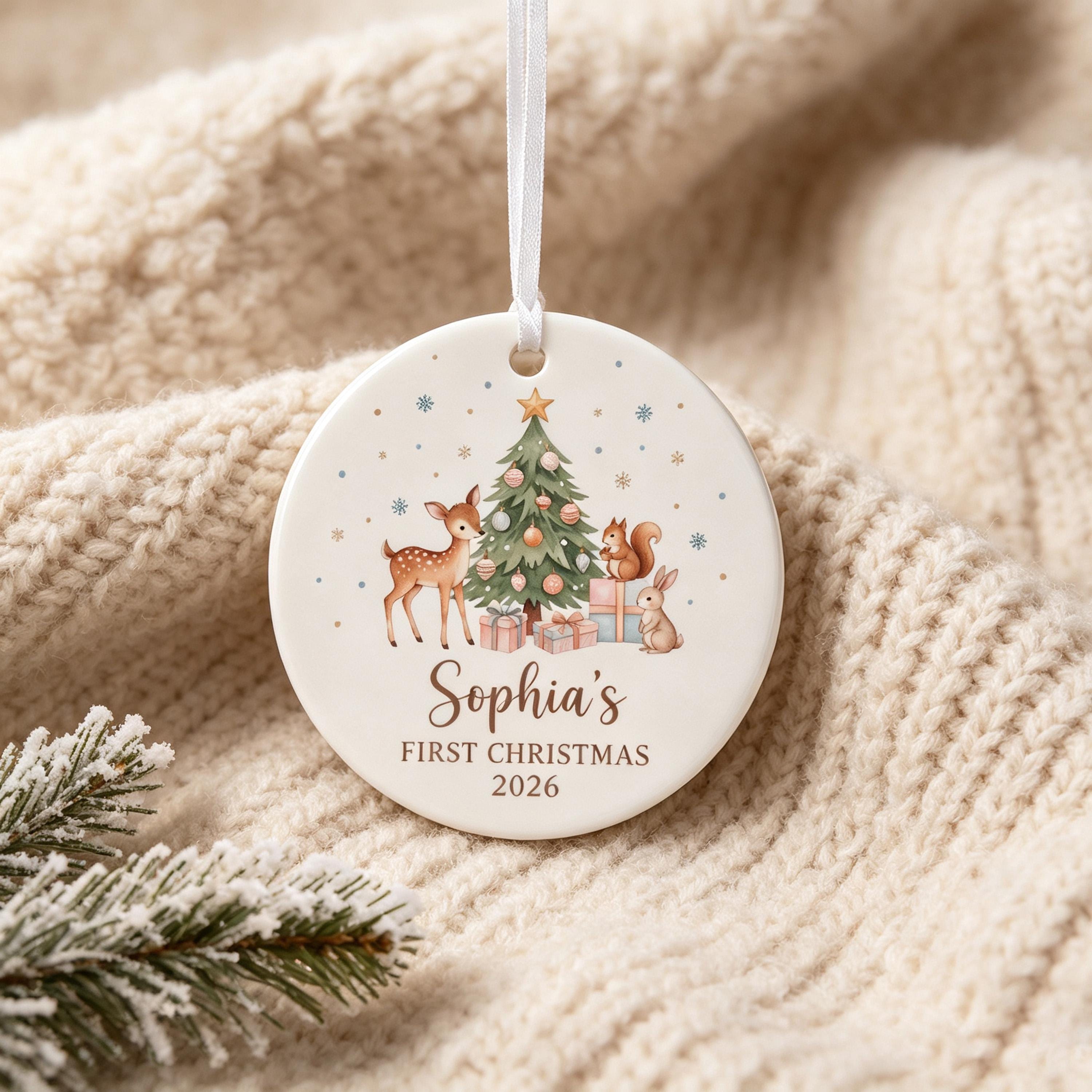Close-up of personalized baby's first Christmas ornament