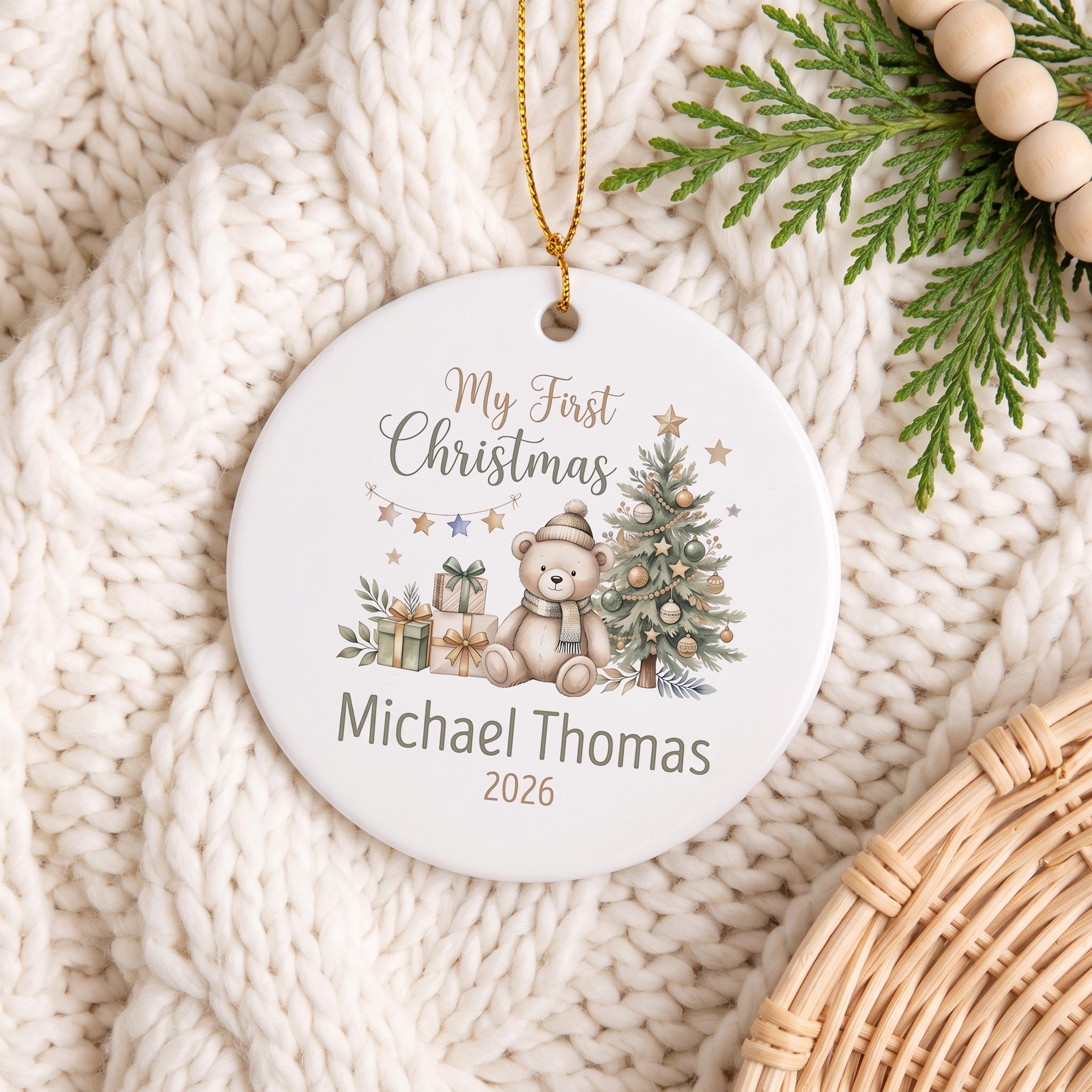 Personalized baby's first Christmas teddy bear ornament