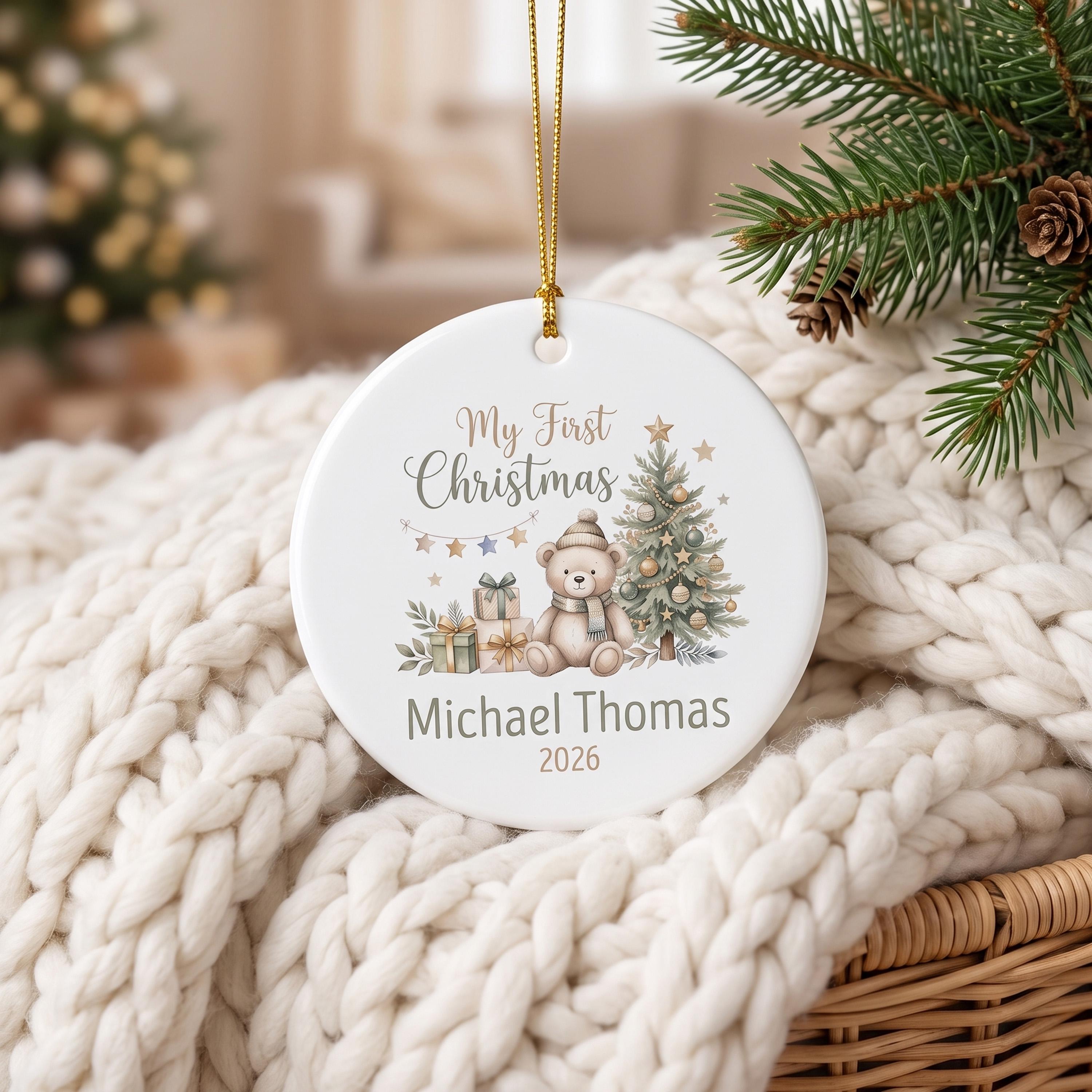 Close-up of personalized teddy bear Christmas ornament