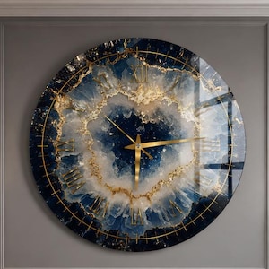 Blue Geode Wall Clock, Navy Gold Glass Clock, Crystal Agate Luxury Modern Living Room Decor