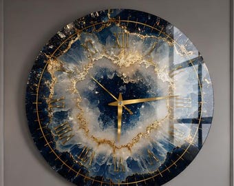 Reloj de pared de geoda azul, reloj de cristal azul marino y dorado, decoración moderna y lujosa de ágata de cristal para sala de estar.