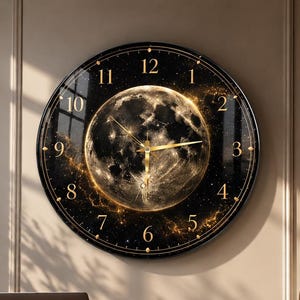 May include: A circular wall clock featuring a detailed image of the moon against a dark, starry background. The clock face has gold-coloured numerals from 1 to 12 and thin gold hands. The design is encased in a black frame with a glossy finish.