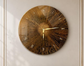 Reloj de cristal con diseño de rayos de sol en oro y negro, decoración de pared de lujo estilo art déco.