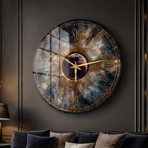 Celestial Moon Glass Wall Clock, Navy Blue Gold Cosmic Decor