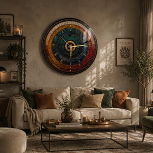 Peut inclure: Une grande horloge murale circulaire présentant un design à anneaux concentriques avec un dégradé de couleurs allant du bleu profond et du sarcelle à l'orange chaud et au rouge. Elle possède des aiguilles dorées et des chiffres romains.