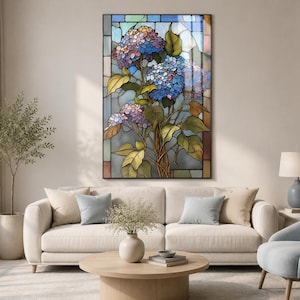 Florales Muster mit farbenfrohen Mosaikdetails, Wandkunst aus gehärtetem Glas: Moderne Vitrine für Ihr Zuhause