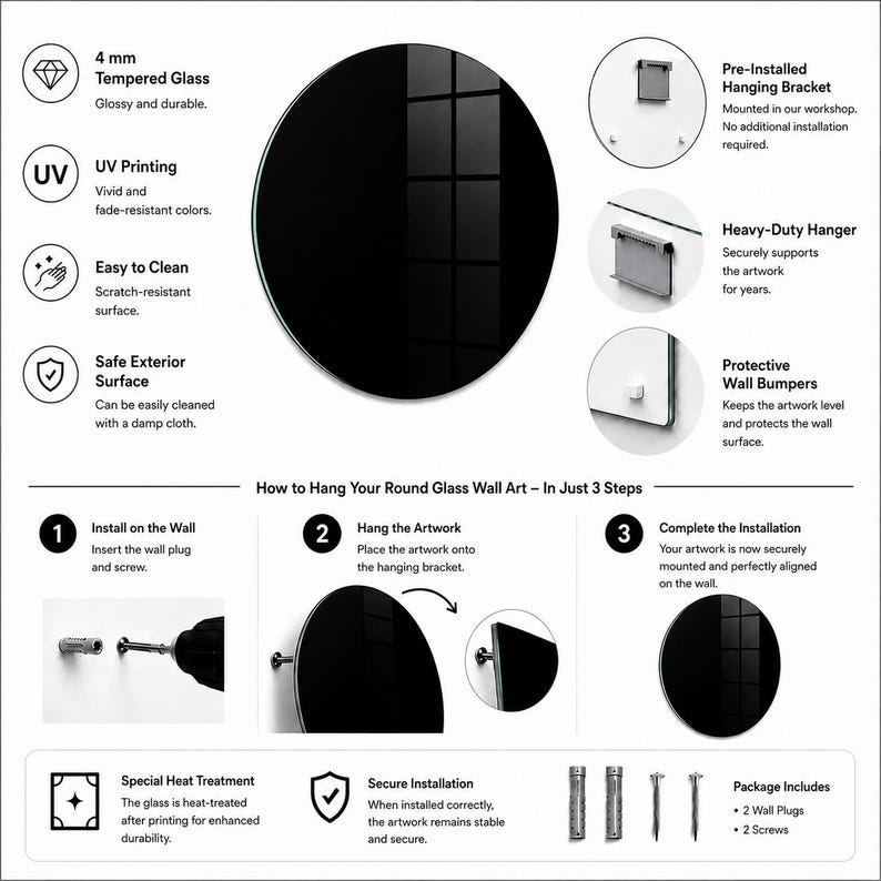 Puede incluir: Una pieza de arte mural circular de vidrio negro con vidrio templado de 4 mm e impresi&oacute;n UV. El gr&aacute;fico muestra instrucciones de instalaci&oacute;n, incluyendo un soporte de suspensi&oacute;n preinstalado, un colgador resistente, topes protectores y dos tacos con dos tornillos para un montaje seguro.