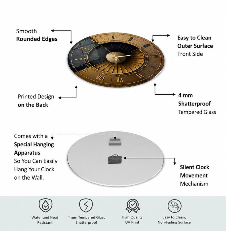 Puede incluir: Un reloj de pared redondo con un dise&ntilde;o radial en dorado y negro con n&uacute;meros romanos. Est&aacute; fabricado en vidrio templado inastillable de 4 mm con bordes redondeados, un mecanismo de movimiento silencioso y un soporte especial para colgar.