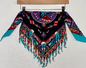 Szalik bandana z koralikami w stylu vintage Wamcraft w stylu południowo-zachodnim, w stylu western boho, z frędzlami i muszlami, do noszenia, wyprodukowany w USA, festiwal kowbojka
