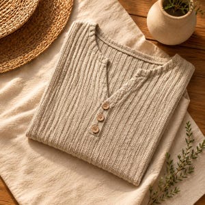 May include: A folded beige ribbed knit shirt with a V-neck and three wooden buttons. The shirt is made of a soft, textured fabric and is neatly folded on a beige cloth. The shirt is part of a clothing collection.