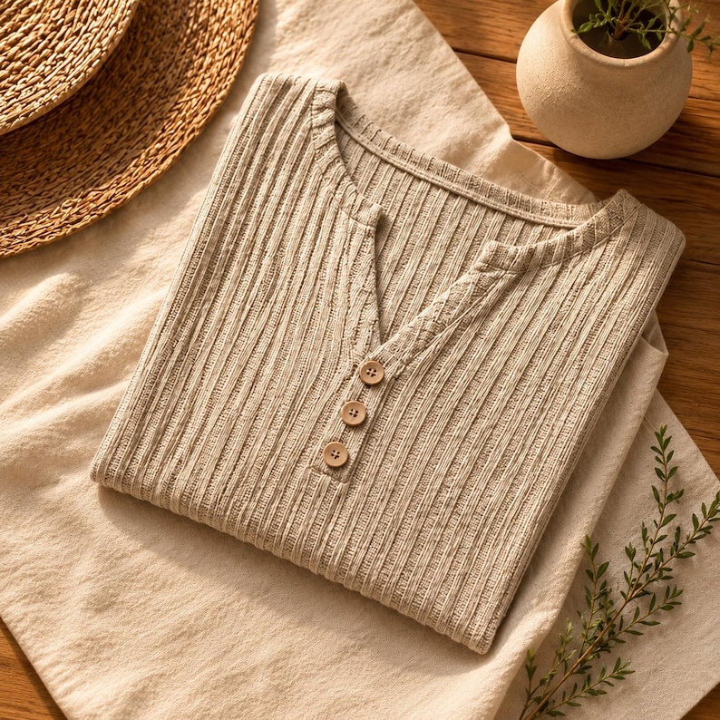 May include: A folded beige ribbed knit shirt with a V-neck and three wooden buttons. The shirt is made of a soft, textured fabric and is neatly folded on a beige cloth. The shirt is part of a clothing collection.