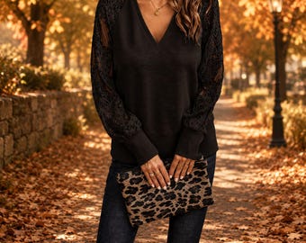 Chic spetstopp för kvinnor – Elegant långärmad topp – Mjuk jersey – Feminin höst-/vinterstil