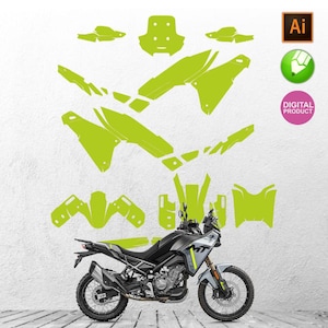 Può includere: Una moto grigia e nera, con decalcomanie verde lime sopra. L'immagine è su sfondo bianco. L'immagine include anche il testo "Ai" e "DIGITAL PRODUCT".