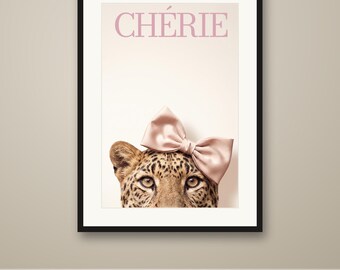 Leopard with Pink Bow Poster, Cherie Coquette Wall Art, Girly Room Decor, Printable, Instant Download, 8 Sizes