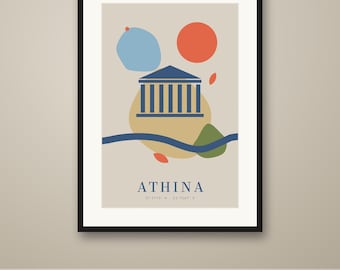 May include: A framed wall art print featuring a dark blue illustration of a Greek temple centered on a beige background. Abstract shapes in light blue, orange, yellow, and green surround the temple. The text ATHINA is printed below.