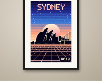 Sydney Pixel Art Poster, Synthwave Retro Gaming City Print, 8 Bit Wall Art, Printable, Instant Download, 8 Sizes