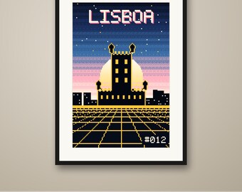 Lisbon Pixel Art Poster, Synthwave Retro Gaming City Print, 8 Bit Wall Art, Printable, Instant Download, 8 Sizes