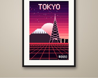 Tokyo Pixel Art Poster, Synthwave Retro Gaming City Print, 8 Bit Wall Art, Printable, Instant Download, 8 Sizes