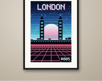 London Pixel Art Poster, Synthwave Retro Gaming City Print, 8 Bit Wall Art, Printable, Instant Download, 8 Sizes