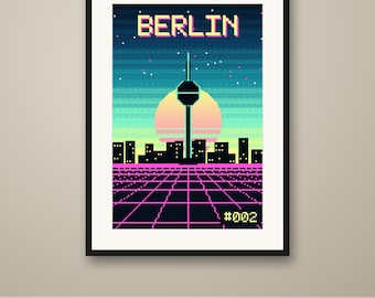 Berlin Pixel Art Poster, Synthwave Retro Gaming City Print, 8 Bit Wall Art, Printable, Instant Download, 8 Sizes