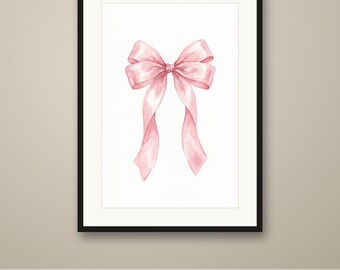 Pink Bow Watercolor Print, Coquette Bow Wall Art, Girly Nursery Decor, Printable, Instant Download, 8 Sizes