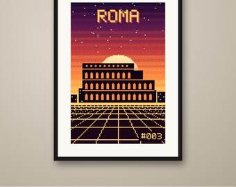 Rome Pixel Art Poster, Synthwave Retro Gaming City Print, 8 Bit Wall Art, Printable, Instant Download, 8 Sizes