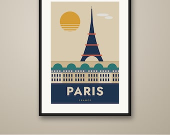 Paris Travel Poster, Mid Century Retro City Print, Vintage Style Wall Art, Printable, Instant Download, 8 Sizes