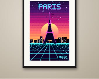 Paris Pixel Art Poster, Synthwave Retro Gaming City Print, 8 Bit Wall Art, Printable, Instant Download, 8 Sizes