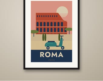Rome Travel Poster, Mid Century Retro City Print, Vintage Style Wall Art, Printable, Instant Download, 8 Sizes