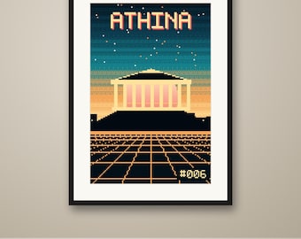 Athens Pixel Art Poster, Synthwave Retro Gaming City Print, 8 Bit Wall Art, Printable, Instant Download, 8 Sizes