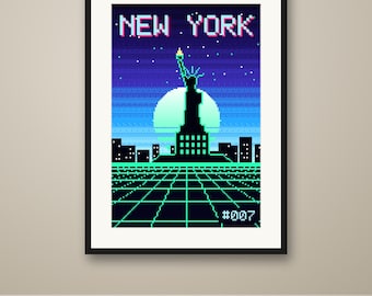 May include: A framed pixel art print featuring the Statue of Liberty silhouette against a blue and teal sunset. The text NEW YORK appears at the top, and #007 is in the bottom right corner, set over a dark grid landscape.