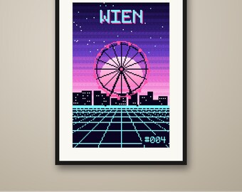 Vienna Pixel Art Poster, Synthwave Retro Gaming City Print, 8 Bit Wall Art, Printable, Instant Download, 8 Sizes